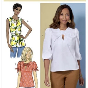May include: A sewing pattern for a women's blouse with a V-neck and a bow detail. The pattern includes three different sleeve options: sleeveless, short sleeves with a bow detail, and long sleeves with a gathered detail. The pattern is for sizes 8-10-12-14-16. The pattern is called Butterick B6876.