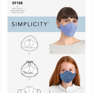 May include: Simplicity pattern S9188 for face masks. The image shows illustrations of different mask styles, along with photos of people wearing masks. The masks are in blue and floral patterns. The pattern includes sizes S-L.