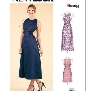 May include: A sewing pattern for a dress with a cutout back. The pattern is called "New Look" and the pattern number is N6731. The pattern is labeled "easy". The pattern shows a woman wearing a dark blue dress and a floral print dress.