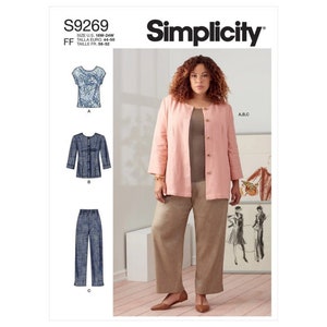 May include: Simplicity sewing pattern S9269 for sizes 18W-24W, Talla Euro 44-50, Taille FR 56-52. The pattern includes instructions for making a top, a jacket, and pants. The model is wearing a pink jacket, brown pants, and a white top.