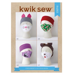 May include: Kwik Sew sewing pattern K4363 for children's accessories. The pattern includes four designs: a headband with cat ears and a cat face mask, a headband with a candy cane patterned face mask, a headband with a panda face mask, and a headband with dog ears and a dog face mask.