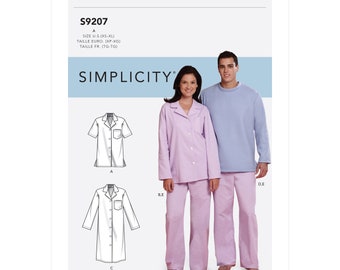 HIS and HERS Pajamas, Nightshirt, Pajama Top, Pants, Sewing Pattern by Simplicity S9207, Size xs-xl