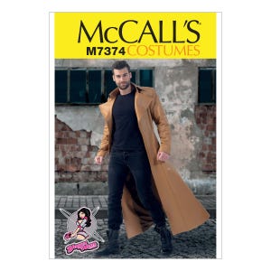 May include: McCall's M7374 Costumes pattern featuring a tan trench coat. The pattern includes a full-length coat with a notched collar and a double-breasted design. The model is wearing a black shirt and jeans with black boots.
