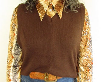 Vintage 1970s Brown Basic Grandpa Preppy Professor Knit Sweater Vest L
