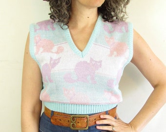 Vintage Cat Sweater 1980s Teal Purple Pink Kitty Cat Cropped Sweater Vest Top S