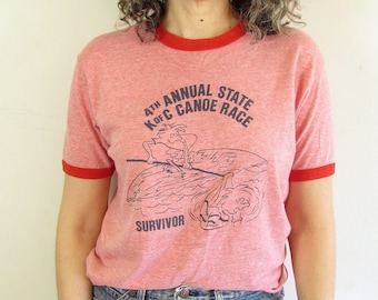 Vintage Canoe T shirt 1980s Hanes Red Ringer Knighs of Columbus Annual Canoe Race Funny Distressed T Shirt M