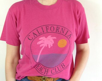 Vintage 80s Pink California Beach Club Souvenir Distressed T Shirt M