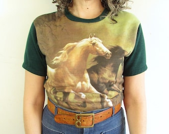 Vintage Horse Shirt 1970s JC Penney Running Horses Forest Green Novelty Short Sleeve Sweatshirt Shirt XXS XS