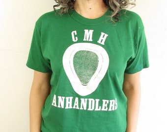 Vintage Funny T Shirt 1970s Green Russell Athletes CMH Panhandles Susan Bed Pan Hospital Team Shirt M