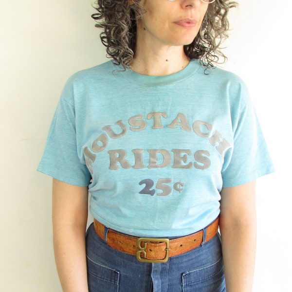 Vintage Funny T Shirt 1980s Hanes Blue and Gray Velvet Letters Moustache Rides Distressed T shirt M L