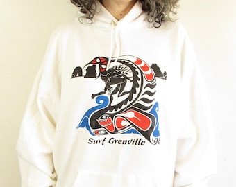Vintage Surfing Hoodie 1994 White Jerzees Surf Grenville Washington Oversize Distressed Sweatshirt Hoodie XXL