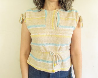 Vintage 1970s Topson Downs Beige Blue Yellow Striped Spring Open Knit Lightweight Sweater Blouse with Tie Belt M