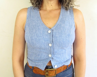 Vintage Cropped Vest 1970s Blue Chambray Fitted Cropped Button Front Vest Top XS