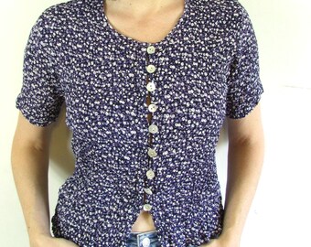 Vintage 90s Crinkle Rayon Floral Blouse S M