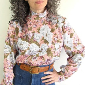 Vintage 1980s Notations Floral Mock Neck Slick and Shiny Blouse M