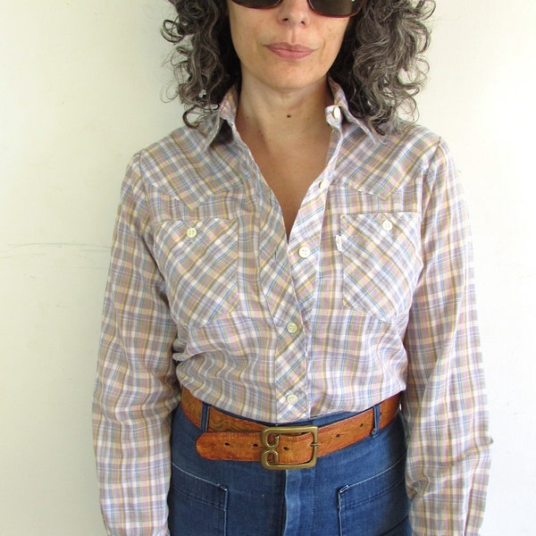 Vintage Plaid Shirt 1970s 1980s Levis Plowboy Blue Plaid Western Button Up Shirt M