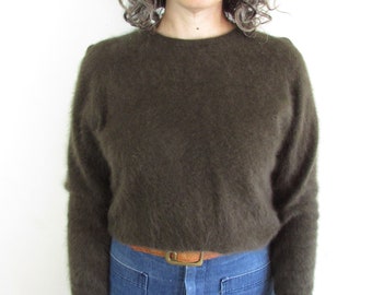 Vintage Fuzzy Sweater 1960s 1970s Chocolate Brown Long Sleeve Angora Lambs Wool Fuzzy Sweater M
