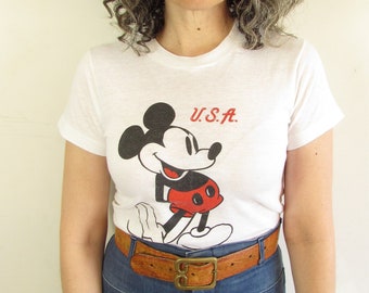 Vintage Mickey T shirt 1980s Ched by Anvil White Classic Disney Mickey Mouse USA Single Stitch Distressed T Shirt XS S