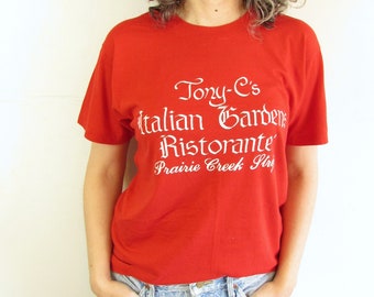 Vintage Advertising T shirt 1970s 1980s Red and White Tony C's Italian Ristorante Prairie Creek Strip Arkansas T shirt M