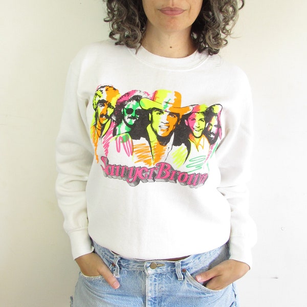 Vintage Sawyer Brown Sweatshirt 1980s 1990s White and Neon Sawyer Brown Did It For Love Country Music Band Concert Sweatshirt M