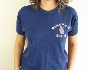 Vintage College T Shirt 1970s Tiger Brand Blue University of Guelph Ontario Canada Distressed T Shirt M