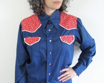 Vintage Western Shirt 1970s 1980s Vintage Handmade Blue and Floral Red Pearl Snap Slim Fit Rockabilly Western Shirt M L