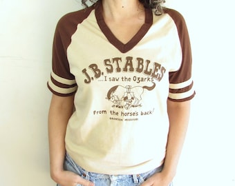 Vintage Souvenir T shirt 1980s Brown and Tan J.B. Stables Horse Back Riding Funny Ozarks Branson Missouri Hillbilly Distressed T Shirt M