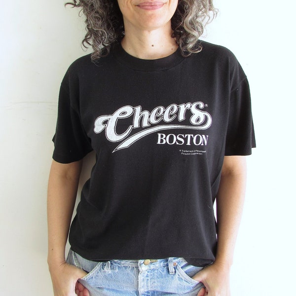 Vintage Cheers T shirt 1980s Black and White Cheers Boston TV Show Bar Comedy Distressed T shirt L