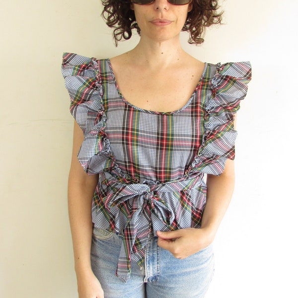 Vintage Plaid Blouse 1970s Ruffle Shoulder Peplum Plaid Pullover Blouse S