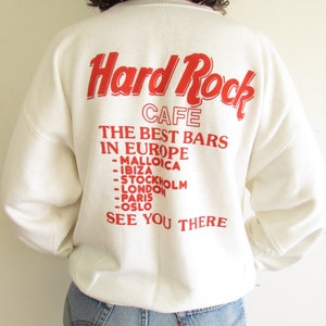 Vintage 1990s Hard Rock Cafe Best Bars in Europe Mallorca Ibiza Stockholm London Paris Oslo Distressed Sweatshirt XL