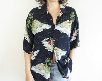 Vintage Hawaiian Shirt 1990s Y2K Thums Up Navy Blue Surf Beach Woody Rayon Vacation Tourist Hawaiian Shirt L XL