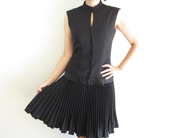 Vintage Black Dress 1960s Lilli Diamond Black Drop Waist Pleated Skirt Scooter Dress S M