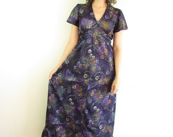 Vintage Floral Dress 1970s Vintage Handmade Navy Blue and Purple Flower Print Pullover Kaftan Style with Tie Empire Waist Dress S M