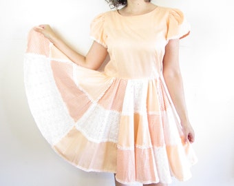 Vintage Square Dance Dress 1980s Peach Lace and Gingham Square Dance Dress Co Rockabilly Swing Patchwork Dress M