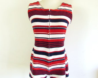Vintage Terry Cloth Playsuit 1960s Handmade Home Sewn Red White