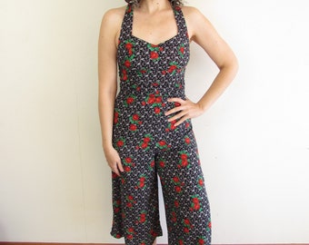 Vintage Floral Jumpsuit Romper 1990s Y2K Paris Sport Club Rayon Black and Red Roses Sweetheart Neck Cropped Wide Leg Open Back Jumpsuit XS S