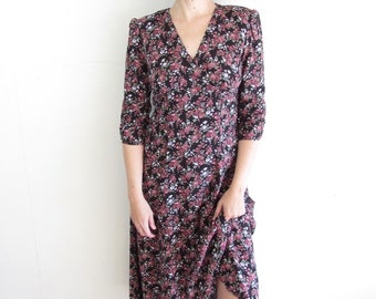 Vintage Floral Dress 1990s Y2K Mixit Floral Pretty Midi Rayon Dress S