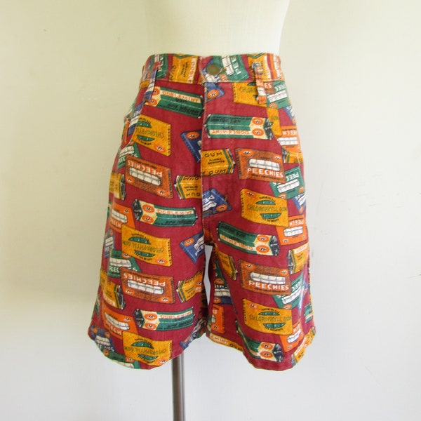 Vintage Novelty Shorts 1990s B. Bronson Fake Peechies Doblemint Chlorophyll Chewing Gum Novelty Print Denim Bermuda Shorts S