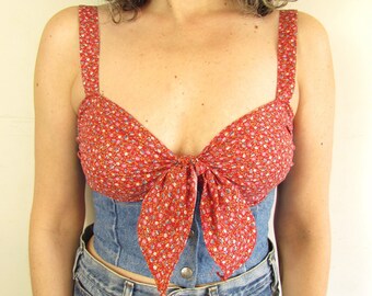 Vintage Bustier Top 1990s Y2K Paris Blues Floral and Demin Tie and Snap Cropped Bustier Top S