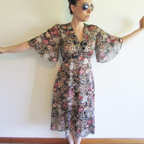 Vintage 60s 70s Sheer Floral Angle Wing Sleeve Boho Hippy Festival Dress