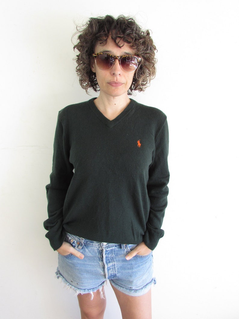 Vintage Green Sweater 1990s Y2K Polo Ralph Lauren Forest Green Lambs Wool V Neck Pullover Sweater M image 1