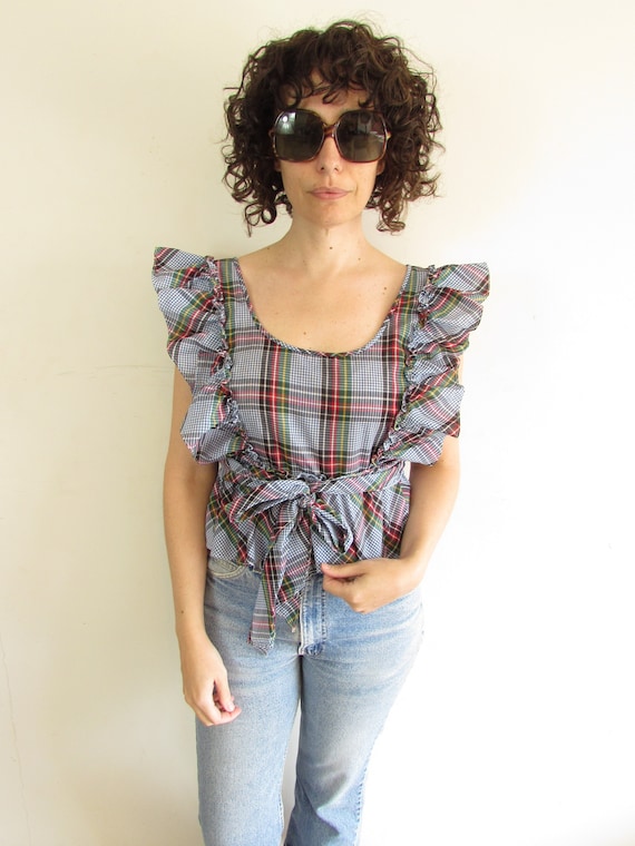 Vintage Plaid Blouse 1970s Ruffle Shoulder Peplum 