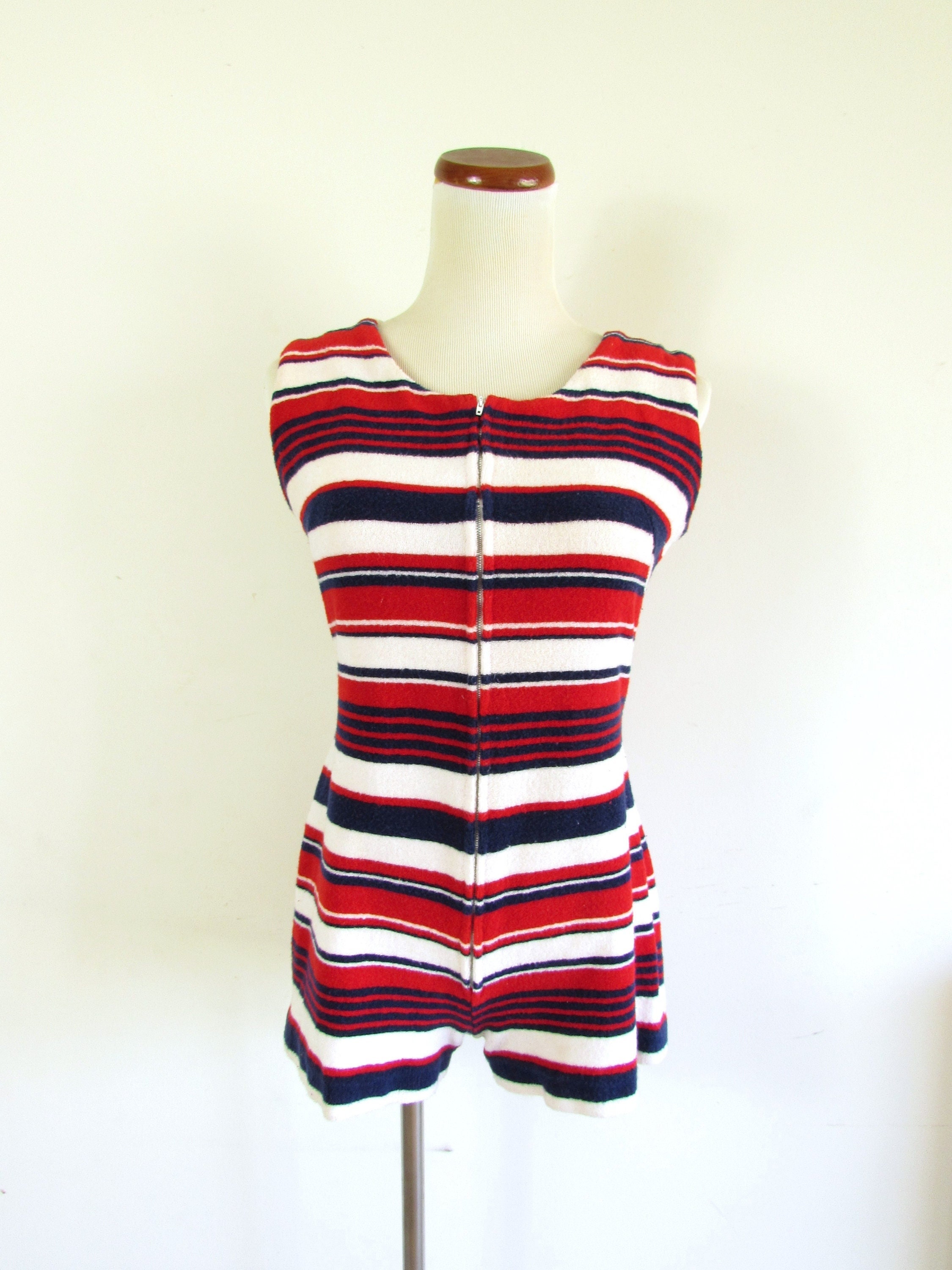 Vintage Terry Cloth Playsuit 1960s Handmade Home Sewn Red White Blue Striped Terry Cloth Romper Beach Swimsuit Cover S M