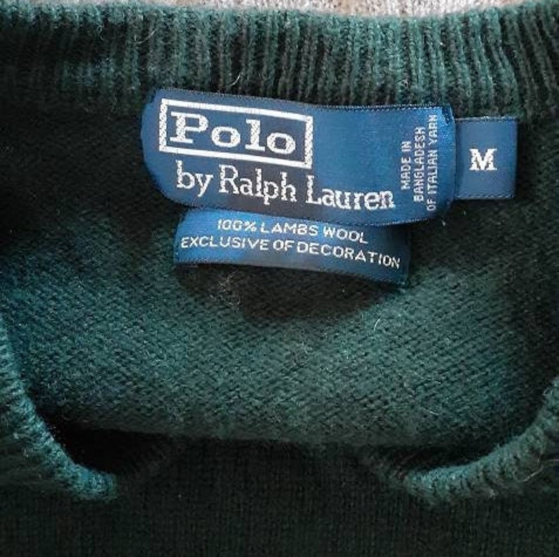 Vintage Green Sweater 1990s Y2K Polo Ralph Lauren Forest Green Lambs Wool V Neck Pullover Sweater M image 9