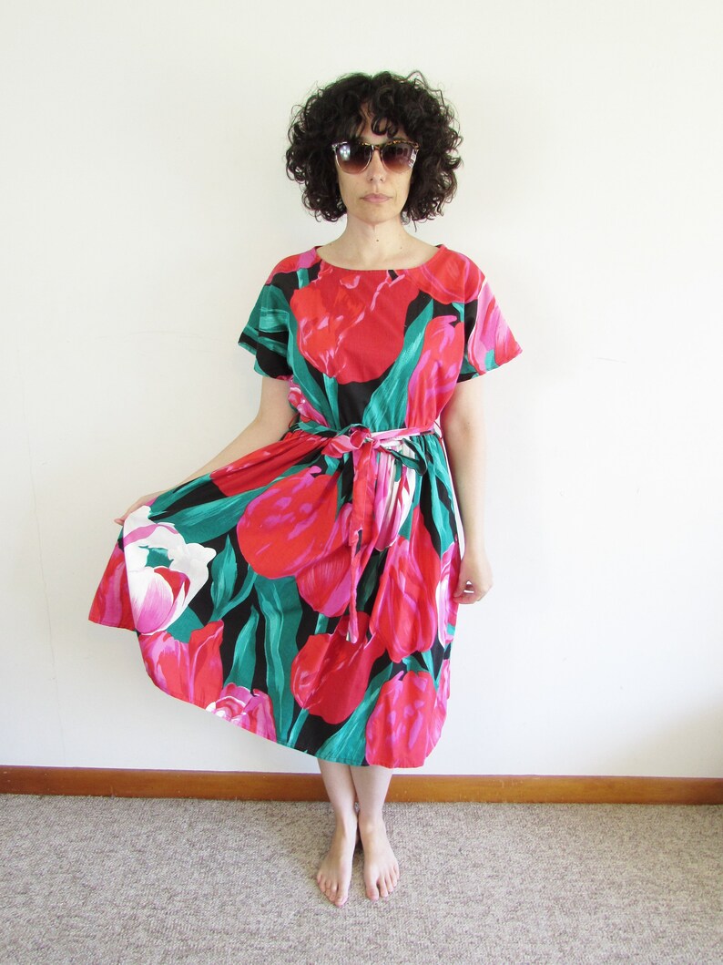 Vintage Tulip Dress 1980s Oversized All Over Large Print Floral Tulip Day Dress L