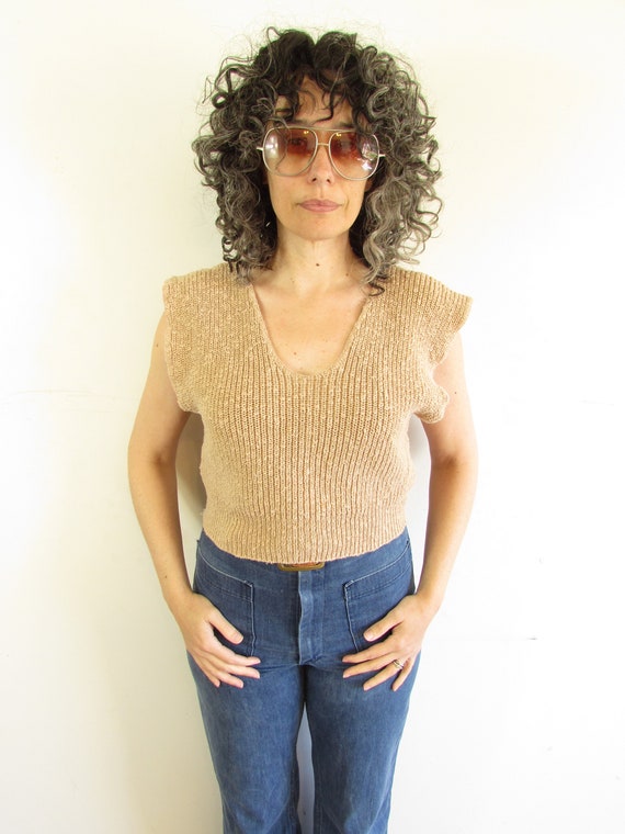 Vintage 1970s 1980s Jazzy Tan Cropped Sleeveless … - image 6