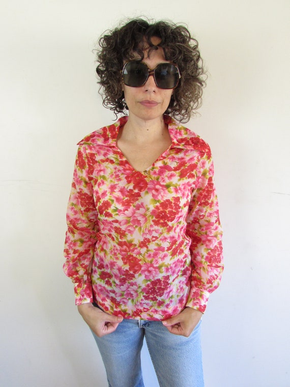 Vintage Floral Blouse 1970s Vintage Handmade Semi… - image 6