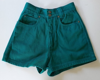 Vintage Teal Shorts 1980s 1990s Bergamo Teal Green Faded High Waist Summer Time Booty Shorts XS