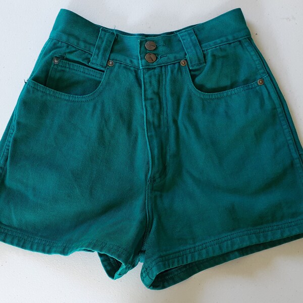 Vintage Teal Shorts 1980s 1990s Bergamo Teal Green Faded High Waist Summer Time Booty Shorts XS