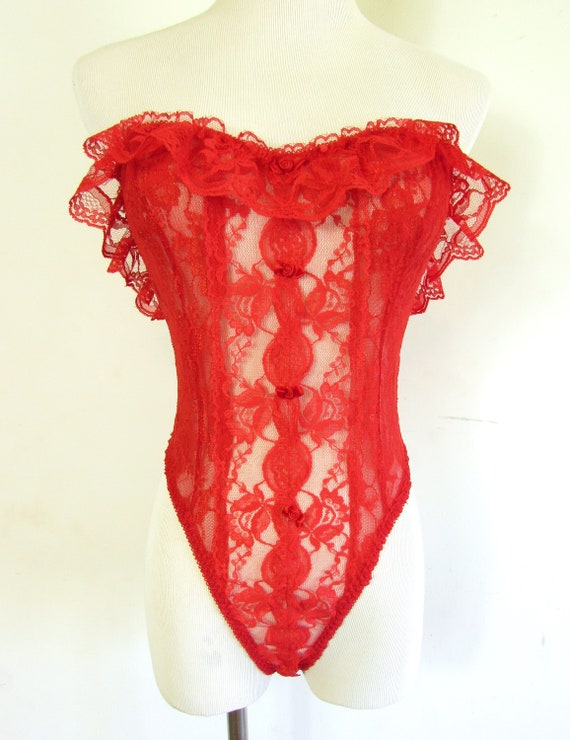 Vintage Lace Teddy 1980s 1990s E. Bole Inc. Red Floral Lace Thong Teddy Bodysuit With Sweetheart Ruffle Neckline S M Etsy